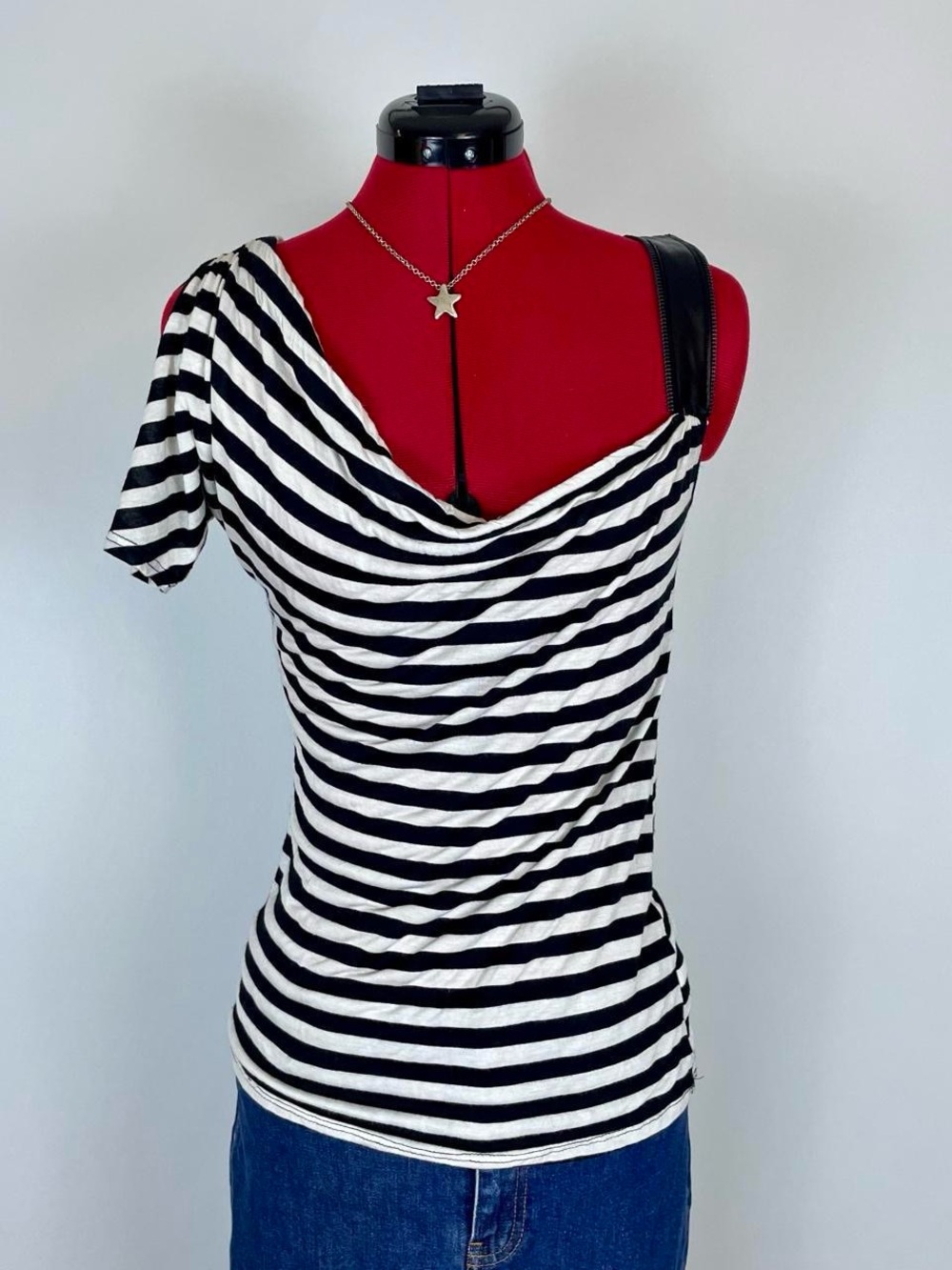 Y2K BEBE Asymmetrical Striped Cowl Neck Top
